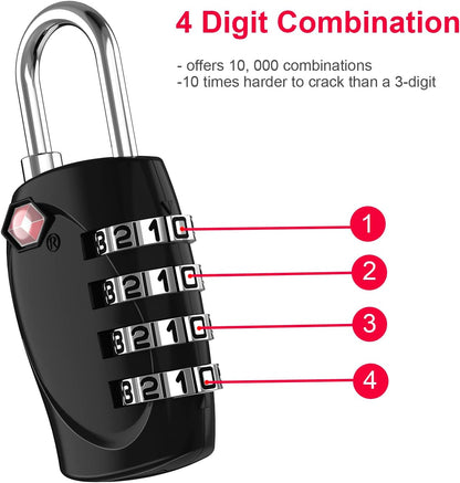 ZHEGE Luggage Locks TSA Approved, Zipper Locks for Suitcase, Backpack, Tent, 4 Digit Small Combination Padlocks for Travel, Gun Case, Gym Lockers (Black, 2 Pack)