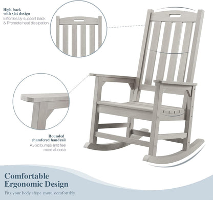 Psilvam Oversized Outdoor Rocking Chair, with 21" Wide Seat and 32" Tall Backrest, Pre-Assembled with Most Components for Effortless Installation (Gray)