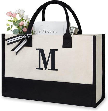 TOPDesign Embroidery Initial Canvas Tote Bag, Personalized Present Bag, Suitable for Wedding, Birthday, Beach, Holiday, is a Great Gift for Women, Mom, Teachers, Friends, Bridesmaids (Letter M)