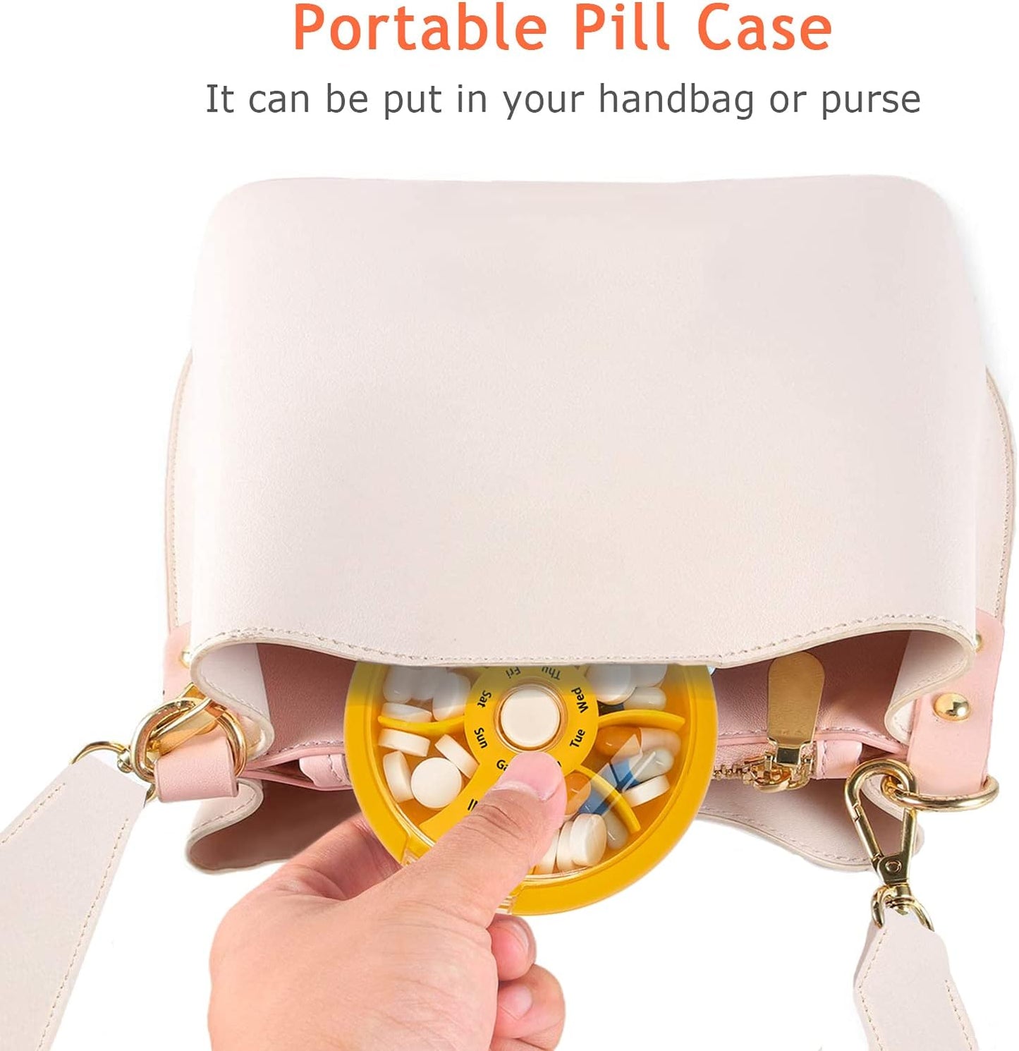 INVODA Weekly Pill Organizer 7 Compartment Rotating Pill Box for Daily Medication & Vitamins - Portable Travel Pill Case Fish Oil Supplements Vitamins Organizer (Orange+Bag)