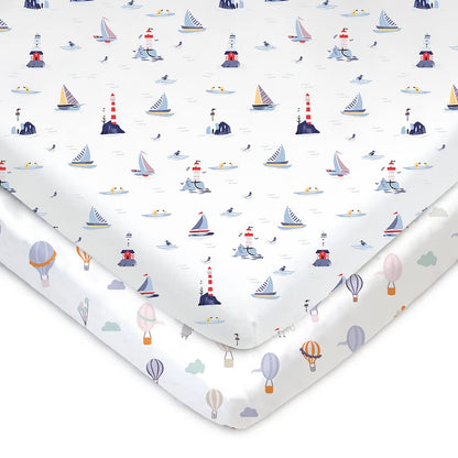 TotAha Premium Stretchy Pack N Play Playard Sheets | Mini Crib Sheets (2-Pack)-Hypoallergenic, Silky Comfort, Buttery Soft, Calming Effect, All-Season Jersey-Knit Sheets 38 X 24 (Balloon & Sailboat)