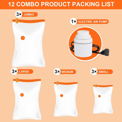 AGPTEK 12 Pack Vacuum Storage Bags(3 Jumbo/Large/Medium/Small) Compression Storage Bags for Blankets Clothes, Space Saver Vacuum Seal Bags for Clothing Bedding Travelling Luggage(Electric Pump)