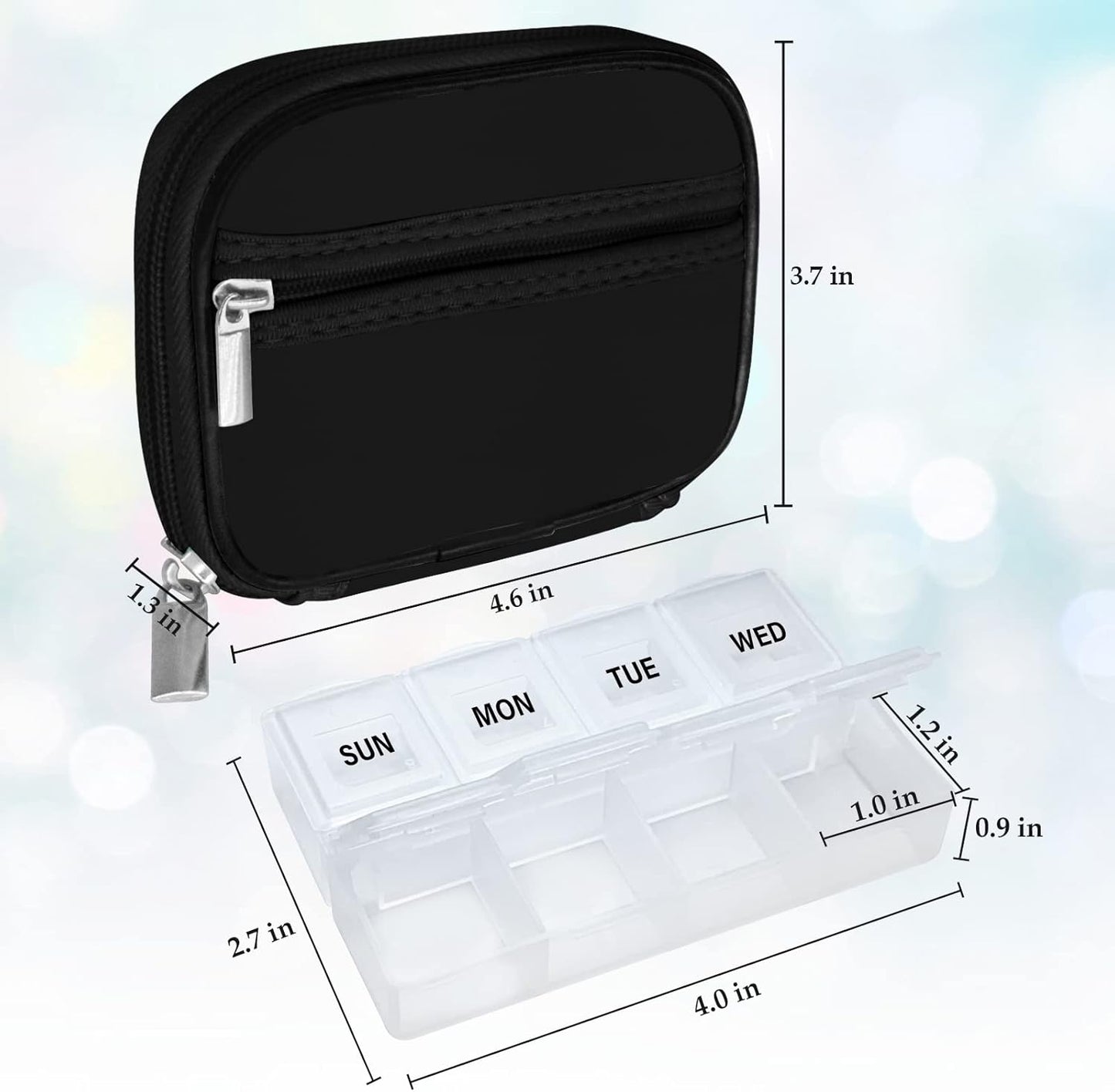 Serfeymi Weekly Travel Pill Organizer Pill Case for Purse with Removable 7 Day Pill Box, Fashionable Travel Medicine Organizer Pill Container for Medicine, Vitamin, Supplement - Black 01 + Pill Box