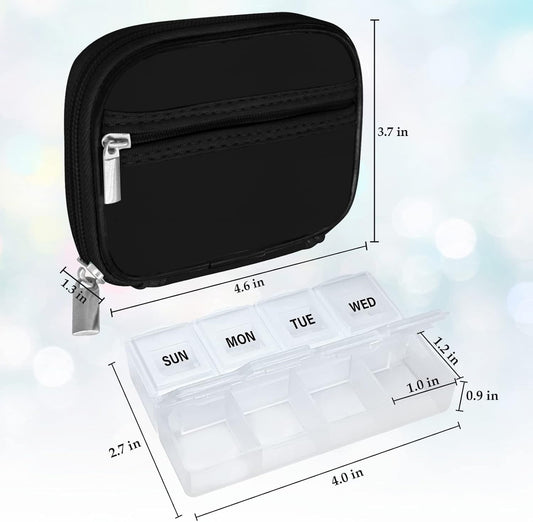 Serfeymi Weekly Travel Pill Organizer Pill Case for Purse with Removable 7 Day Pill Box, Fashionable Travel Medicine Organizer Pill Container for Medicine, Vitamin, Supplement - Black 01