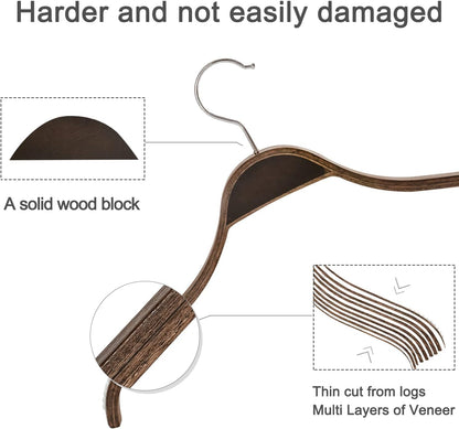TOPIA HANGER Slim Wooden Hangers with Extra Soft Non-Slip Rubber Grips, 30-Pack High-Grade Fashion Hanger No Shoulder Bump for Sweater, Camisole, Jacket, Dress, Coat (Antique)-CT15A30