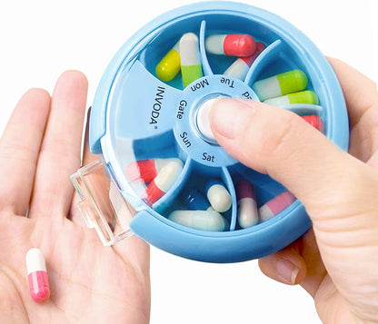 INVODA Weekly Pill Organizer 7 Compartment Rotating Pill Box for Daily Medication & Vitamins - Portable Travel Pill Case Fish Oil Supplements Vitamins Organizer (Pink+Sky Blue+Green)