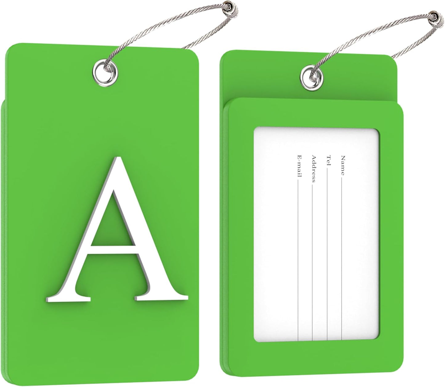 Gostwo 2 Pack Luggage Tags for Suitcases, 26 Initial Letter Travel Luggage Baggage Identification Labels ID Tag Fully Bendable Tags with Stainless Steel Loop (Green) (Letter A)