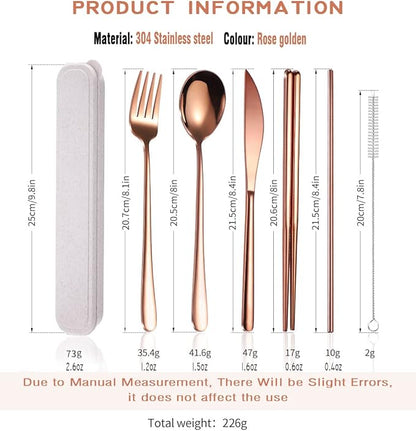 AARAINBOW 6 Pieces 18/8 Stainless Steel Flatware Set Portable Reusable Cutlery Set Travel Utensils Set Including Chopsticks Knife Fork Spoon Straws Cleaning Brush Dishwasher Safe (Rose Gold)