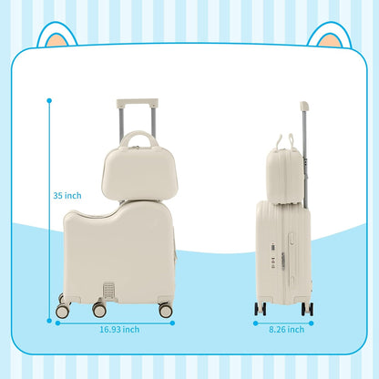TABU Ride-on Luggage with Handbag for Kids，Hardshell Carry On Suitcase with Hidden Cup Holder, Foldable Pedal,Type-C & USB Interface, TSA Lock, 6-Spinner Wheels, White
