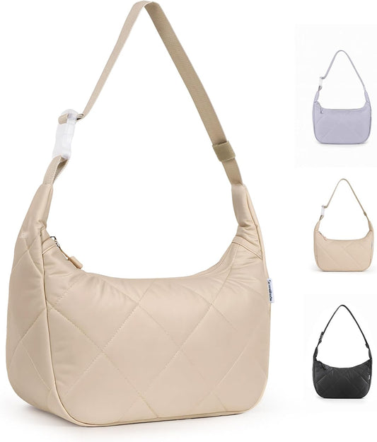 Quilted Lunch Bag for Women, Cute Insulated Lunch Tote with Adjustable Strap, Puffy Reusable Waterproof Cooler Bag, Stylish Bento Lunch Box for Work Picnic Travel, Beige