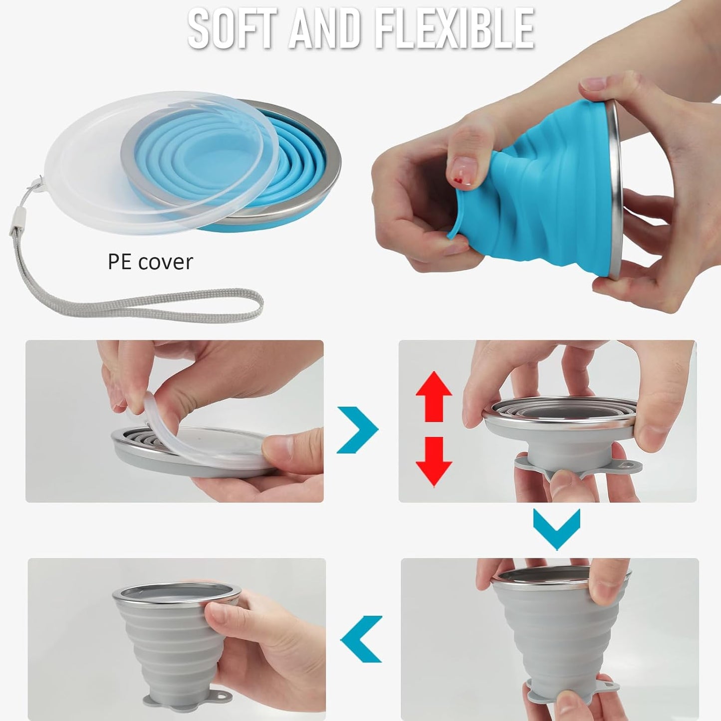 JBER Silicone Collapsible Travel Cup, Silicone Folding Camping Cup with Lids Expandable Drinking Cup for Outdoor Hiking Travel