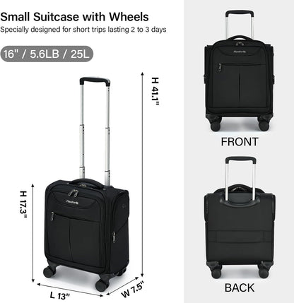 Hanke Underseat Carry On Luggage with Wheels, Lightweight Small Suitcase Airline Approved 16 Inch Softside Personal Item Travel Bag for Women Men, Compact Under Seat Luggage with Spinner Wheels,Black