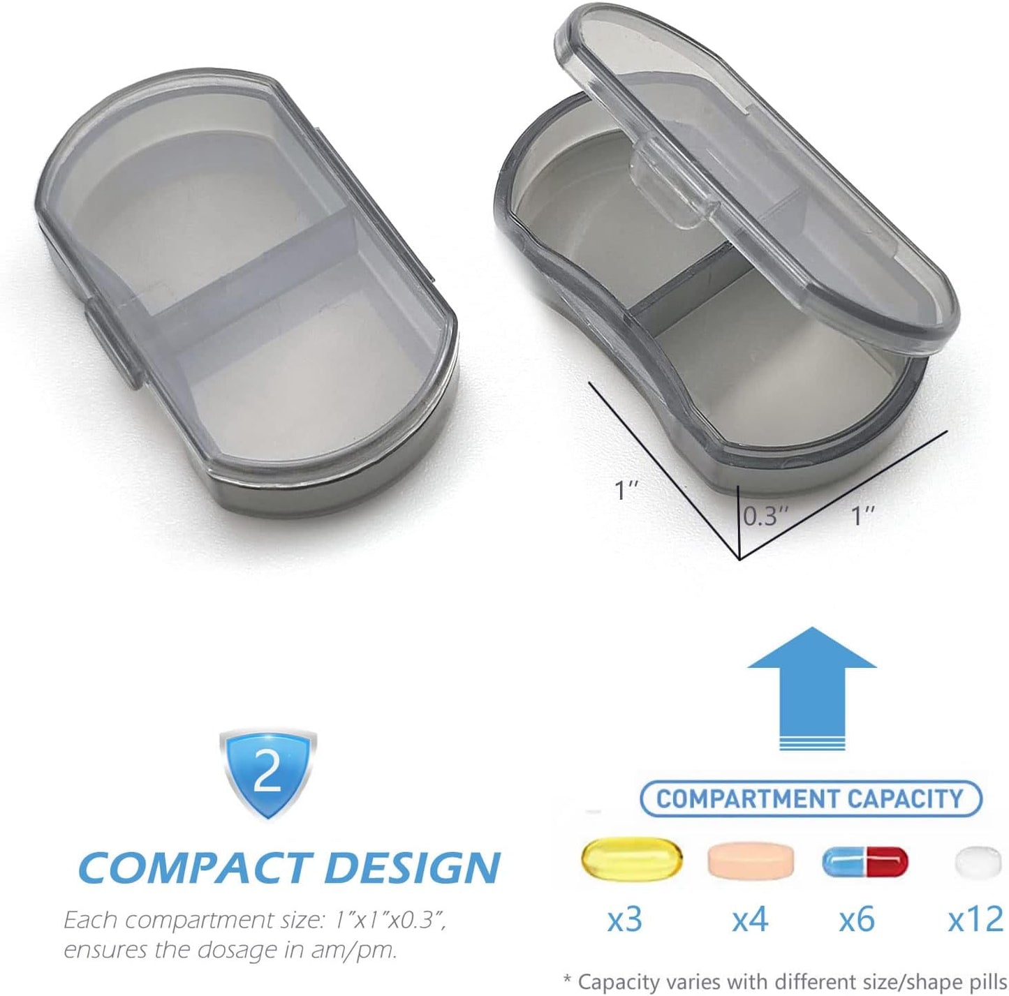 VOFOON 3 Pack Small Pill Organizer, Travel Pill Box for Purse, Keychain Pill Holder, Pocket Pill Container, 2 Times a Day Daily Portable Medicine Vitamin Case, Fish Oil Box, Supplement Box