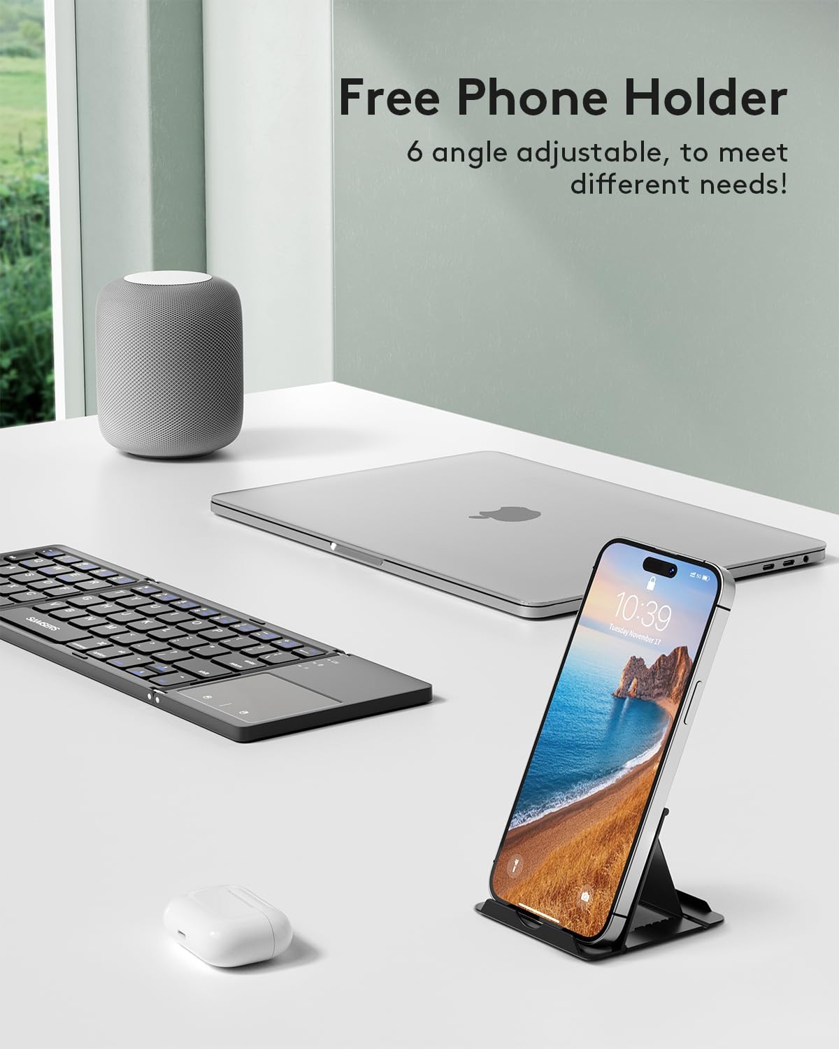 Samsers Foldable Bluetooth Keyboard with Touchpad, Portable Wireless Keyboard with Stand Holder, Rechargeable Full Size Ultra Slim Pocket Folding Keyboards for Android Windows IOS Tablet & Laptop-Gray