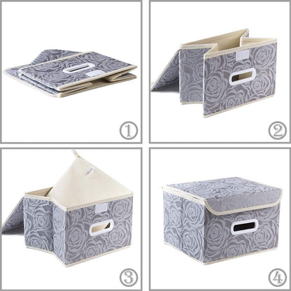 PRANDOM Stackable Storage Boxes with Lids [5-Pack] Fabric Decorative Storage Bins Cubes Organizer Containers Baskets with Cover Handles Divider for Bedroom Closet Living Room Grey 9.8x7.9x6.7 Inch