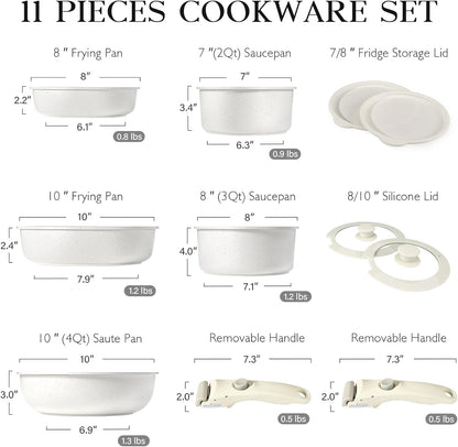 GiPP 11Pcs Pots and Pans Set Non Stick, Cookware Sets Nonstick Detachable Handle, Induction Kitchen Set Removable Handle, RV Cookware set, Oven Safe