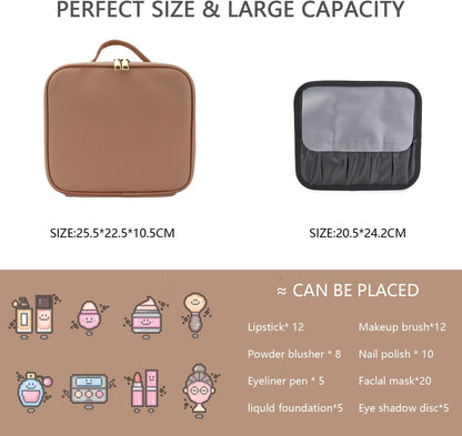 Makeup Bag with Led Mirror,Travel Makeup Organizer with 3 Color Setting, Portable Storage and Adjustable Dividers Travel Makeup Bag(khaki)