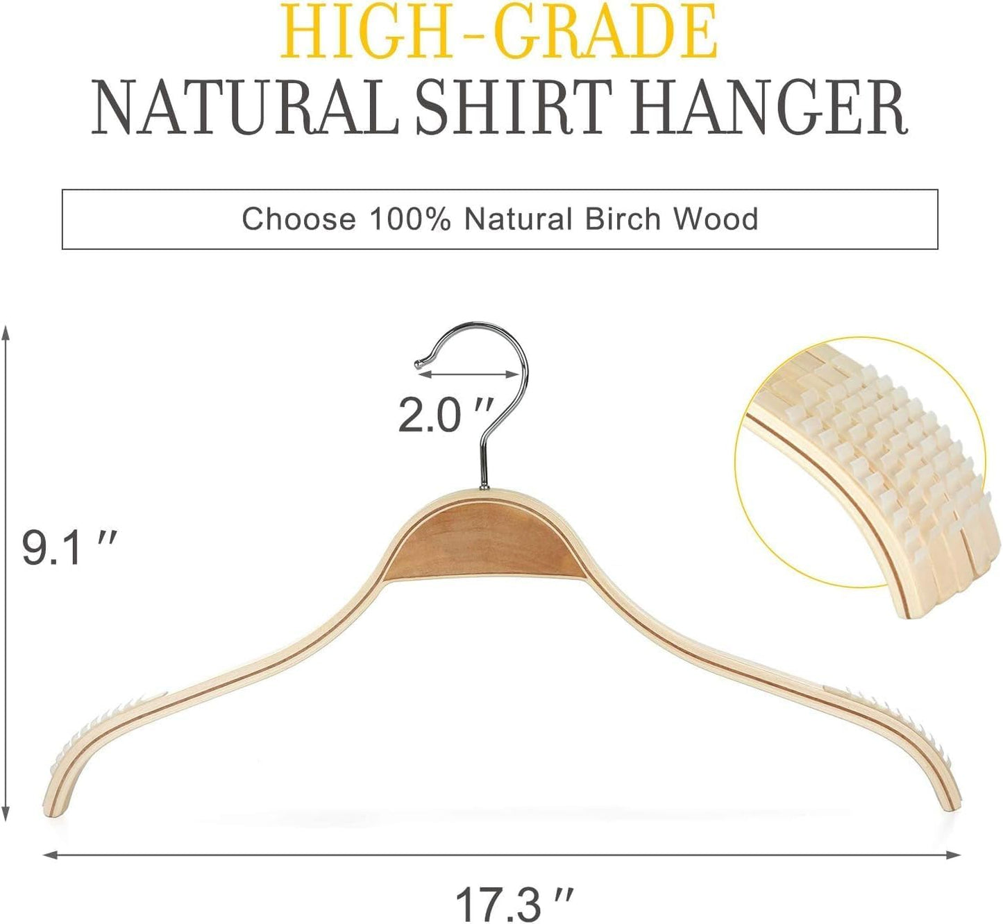 TOPIA HANGER Slim Natural Wood Hangers with Extra Soft Non-Slip Rubber Grips, 30-Pack High-Grade Fashion Hanger No Shoulder Bump for Sweaters, Hoodies, Jacket, Dress, Coat -CT15N30