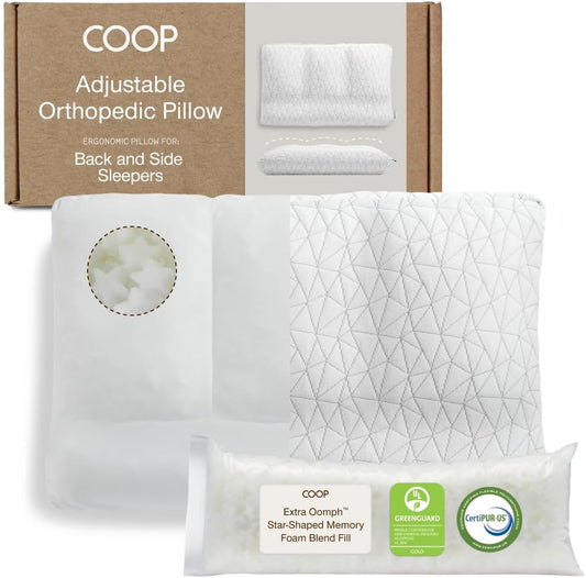 Coop Home Goods Adjustable Orthopedic Pillow King, Ergonomic Cervical Neck Support, Memory Foam Pillows for Side & Back Sleepers, Breathable, Washable Cover, GREENGUARD & CertiPUR-US Certified