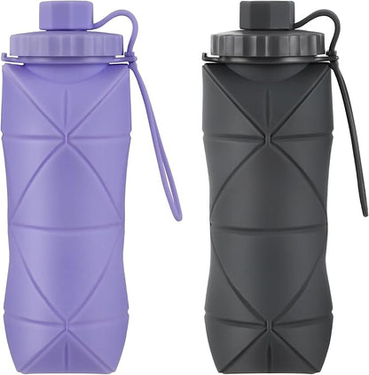 YCT Collapsible Silicone Travel Water Bottle 20oz (600ml), Reuseable Leakproof BPA Free Foldable Sports Bottle, with Carrying Strap, Dark Gray + Purple