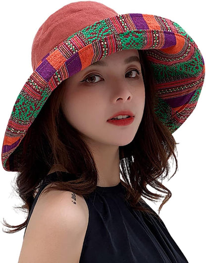 Women Wide Brim Sun Hats Metal Wired Edge Summer UV Protection Beach Fishing Hat for Hiking Garden Travel Chin Strap