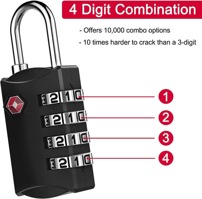 ZHEGE Travel Locks, TSA Approved Locks for Luggage, Baggage, 4 Digit Combination Zipper Padlocks for Backpack, Tent, Gym Locker (2 Pack, Black)