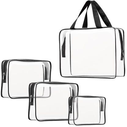 4Pcs Crystal Clear PVC Travel Toiletry Bag Kit for Women Men, Waterproof Vinyl Packing Organizer Storage Bags with Zipper Handle Straps, Cosmetic Pouch Carry on Airport Airline Compliant Bag Handbag