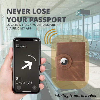 GARZINI Passport Holder with AirTag, Passport Wallet with RFID, Travel Accessories, Travel Document Holder with ID Window, Leather Passport Holder for 7 Cards, Brushed Brown