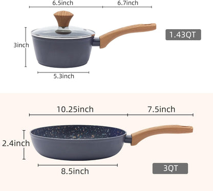 Nonstick Cookware Set, 2-Piece Non-Toxic Coated 10.25 Inch Frying Pan & Saucepan with Lid, PFOA Free Dishwasher Safe, Induction Compatible, Beginner Kitchen Pots and Pans Set, Black
