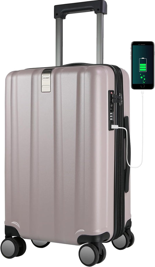 KROSER Hardside Expandable Carry On Luggage with Spinner Wheels & Built-in TSA Lock, Durable Suitcase Rolling Luggage with USB Port, Carry-On 20-Inch, Matte Purple/Pink