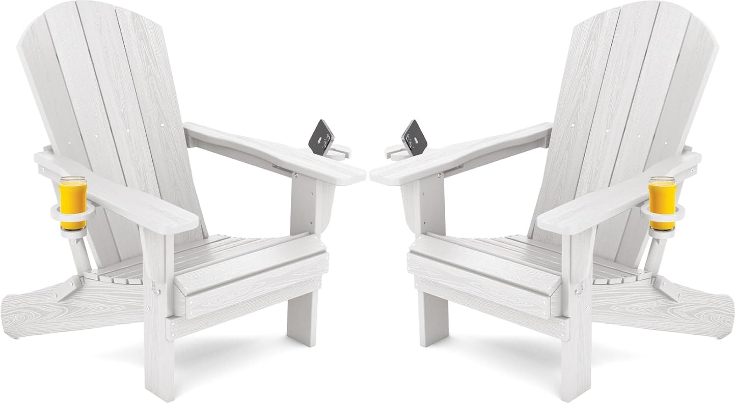 SERWALL Adirondack Chair with Cup Holders - Composite Adirondack Chairs Set of 2 HDPE Outdoor Chairs All Weather Use- White