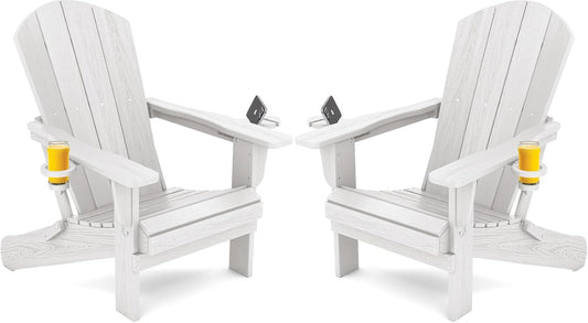 SERWALL Adirondack Chair with Cup Holders - Composite Adirondack Chairs Set of 2 HDPE Outdoor Chairs All Weather Use- White