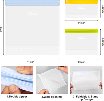 SPLF 10 Pack Stand-Up Reusable Snack Bags Dishwasher Safe, BPA Free Food Storage Bags, Extra Thick Leakproof Freezer Bags Silicone Snack Pouch For Candy, Fruits, Cereal, Home Organization