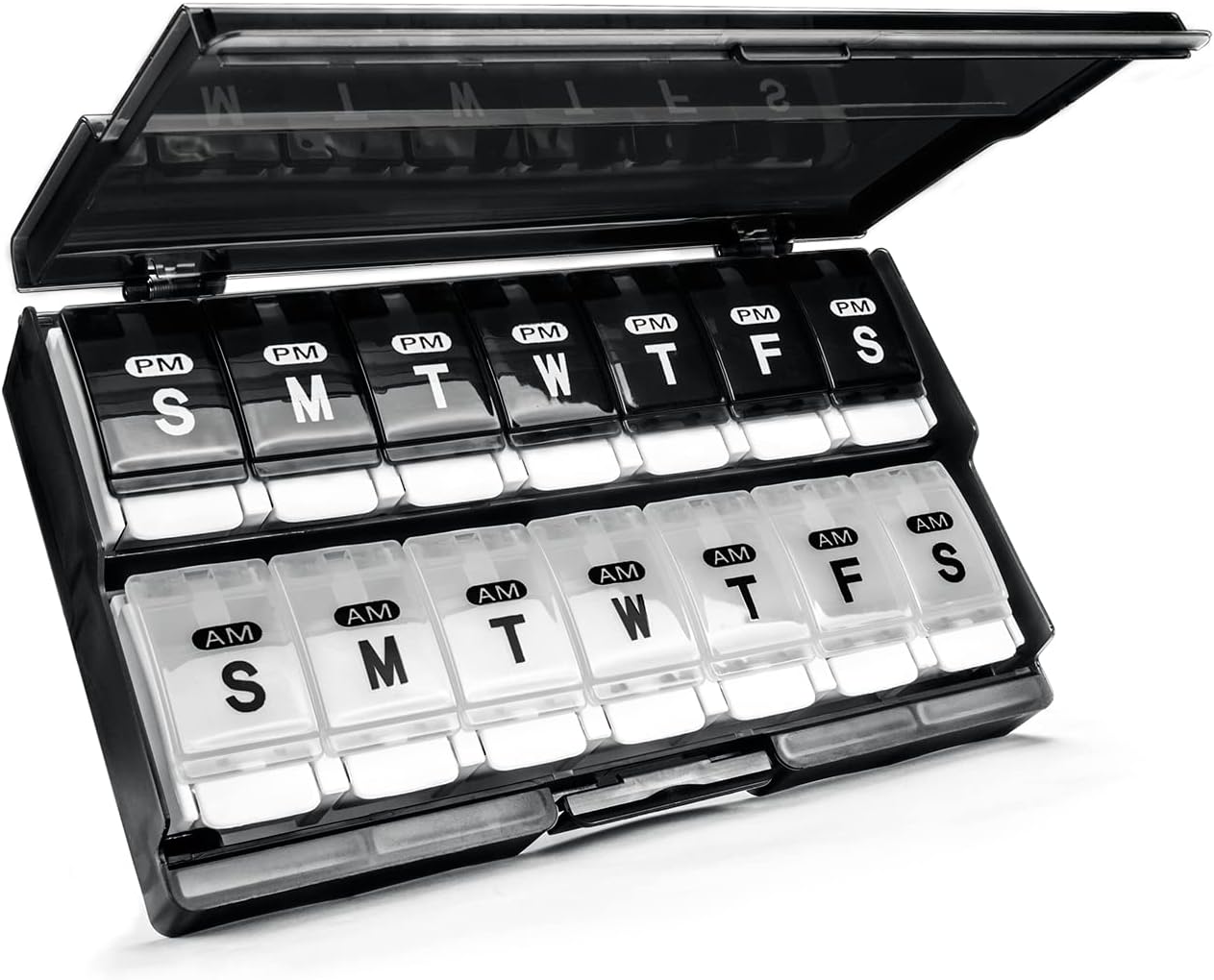 Extra Large Weekly Pill Organizer 2 Times a Day - Remtise Am/Pm Daily Pill Case Medicine Organizer, Push Button 7 Day Pill Box for Pills/Vitamin/Cod Liver Oil/Supplements (Black & White)