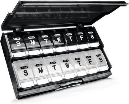 Extra Large Weekly Pill Organizer 2 Times a Day - Remtise Am/Pm Daily Pill Case Medicine Organizer, Push Button 7 Day Pill Box for Pills/Vitamin/Cod Liver Oil/Supplements (Black & White)