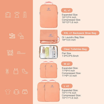 Lightweight Compression Packing Cubes for Suitcases, Compressible Expandable Travel Packing Organizer with Clear Toiletries and Backpack Bag, Travel Essentials for Carry on Luggage 7 Set
