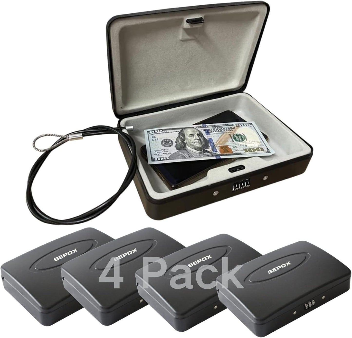 SEPOX® 4Pcs Water/Fire-Resistant Portable Security Case Lock Box Steel, Personal Travel Safe Storage Cabinet for Small Item, 3-Ft Cable, Ressetable Combination Lock for Dorm, Car, Sports, Office