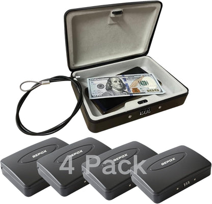 SEPOX® 4Pcs Water/Fire-Resistant Portable Security Case Lock Box Steel, Personal Travel Safe Storage Cabinet for Small Item, 3-Ft Cable, Ressetable Combination Lock for Dorm, Car, Sports, Office