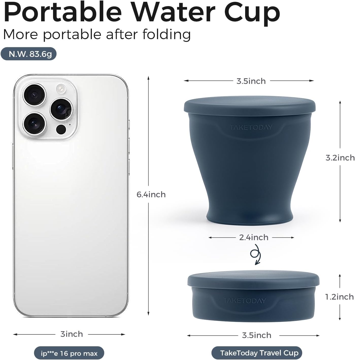 TakeToday 2PCS Collapsible Travel Cup - Silicone Foldable Water Cup, BPA-Free with Lid & Waterproof Bag - Drinking Cup Set for Camping, Outdoors & International Travel（8 Oz, Navy & Blue）