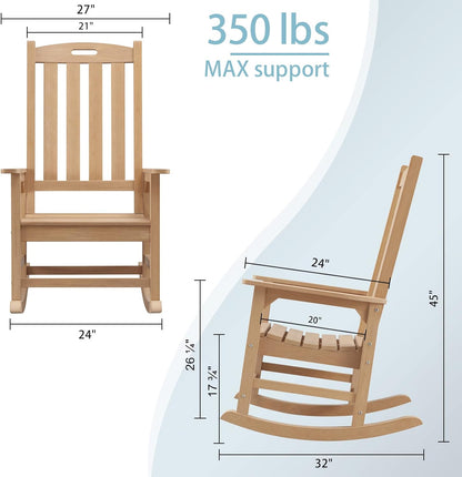 Psilvam Oversized Outdoor Rocking Chair, with 21" Wide Seat and 32" Tall Backrest, Pre-Assembled with Most Components for Effortless Installation (Teak Color)