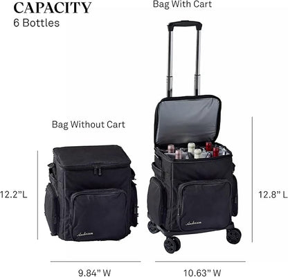 Wine Enthusiast 6 Bottle Insulated Wine Bag with Rolling Cart - Waterproof Oxford Cloth Wine Travel Tote with Shoulder Strap, USB Port, Pockets - Folding Trolley for Wine Transport - Fridge Bag