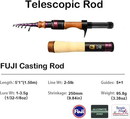 PURELURE Telescopic Fishing Rod Spinning & Casting, Fuji Alconite Ring, Detachable Handle Closed Length 9.8in, Spare Carbon Solid Tip, Solid Wood Reel Seat Lightweight 3A-Grade Cork Handle Travel Rod