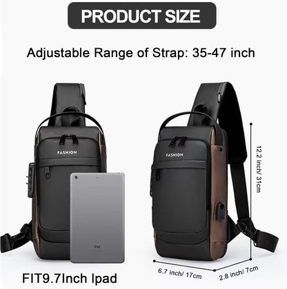 Sling Bag for Men Anti-theft USB Crossbody Shoulder Backpack Purse Waterproof PU Leather Chest Bag Travel Daily Use
