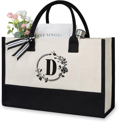 TOPDesign Personalized Initial Jute/Canvas Beach Bag, Monogrammed Gift Tote Bag for Women