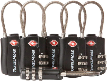 6 Pack TSA Approved Travel Combination Cable Luggage Locks for Suitcases & Backpacks - Black