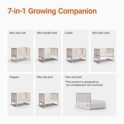 EvoNook 6-in-1 Convertible Mini Crib, 100% New Zealand Wood, 4 Adjustable Mattress Heights, Crib with Mattress, Washed Natural