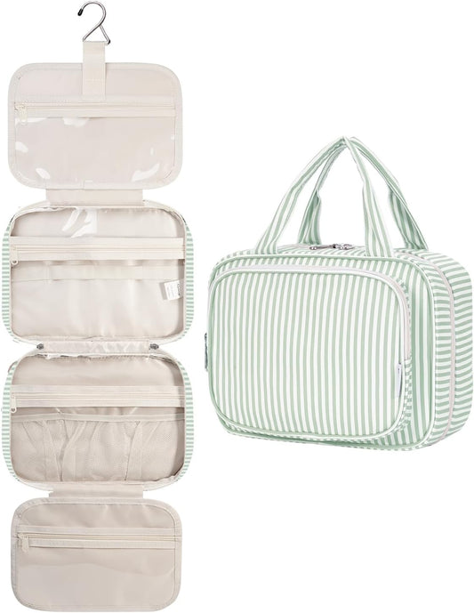 Narwey Striped Hanging Toiletry Bag for Women Travel Makeup Bag Organizer Toiletries Bag for Travel Size Essentials Accessories Cosmetics (Mint Green Stripe (Medium))