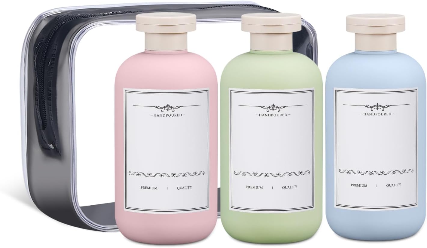 ASEVAT 10 oz Plastic Leak Proof Travel Bottles for Toiletries, Plastic Travel Size Containers, Shampoo and Conditioner Bottles Refillable Squeeze Bottle for Lotion, Body Wash (3Pcs)