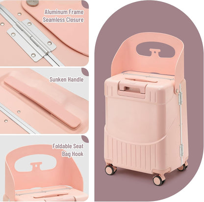 20-Inch Ride-On Suitcase for Kids & Adults – TSA-Approved Underseat Carry-On Luggage with 360° Wheels, Built-In Seat & Safety Belt – Lightweight Durable Spinner Suitcase for Airplane Travel Fits Ages