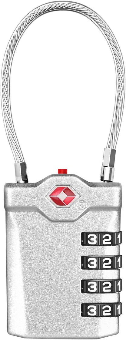 ZHEGE TSA Approved Lock, 4 Digit Cable Luggage Lock, Travel Lock with White Number, Flexible TSA Cable Lock for Suitcase, Gym Locker, School Locker, Easy to Read (1 Pack, Sliver)